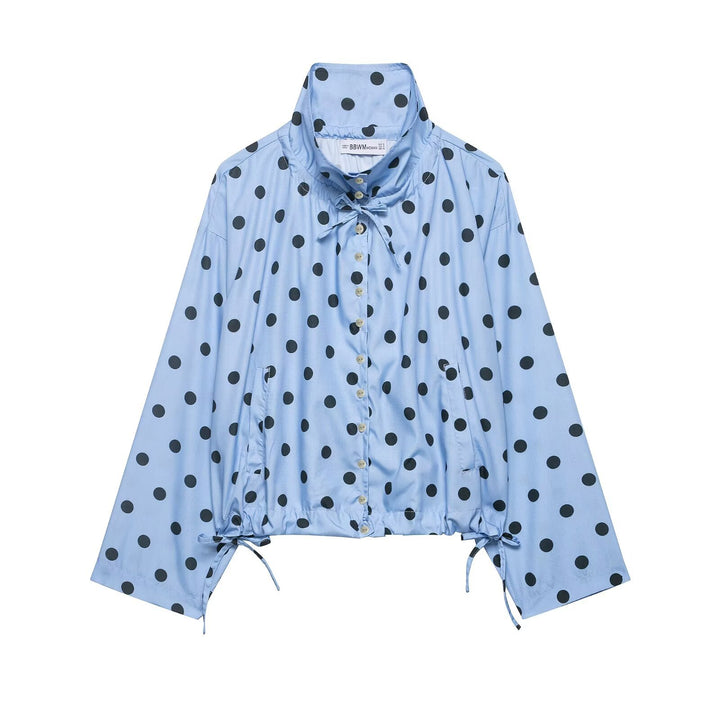 Damen Leichte Oversize-Polka-Dot Windjacke mit Stehkragen, Knopfleiste und Kordelzug Drune