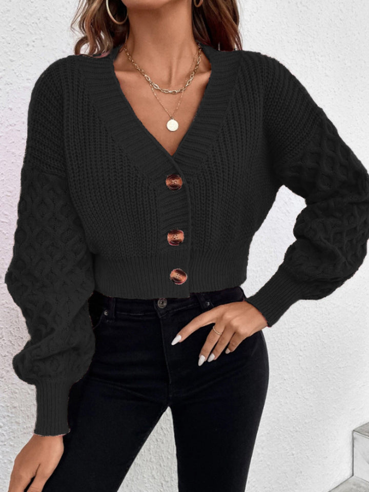 Damen Strickjacke mit tiefem V-Ausschnitt und Puffärmeln Drune