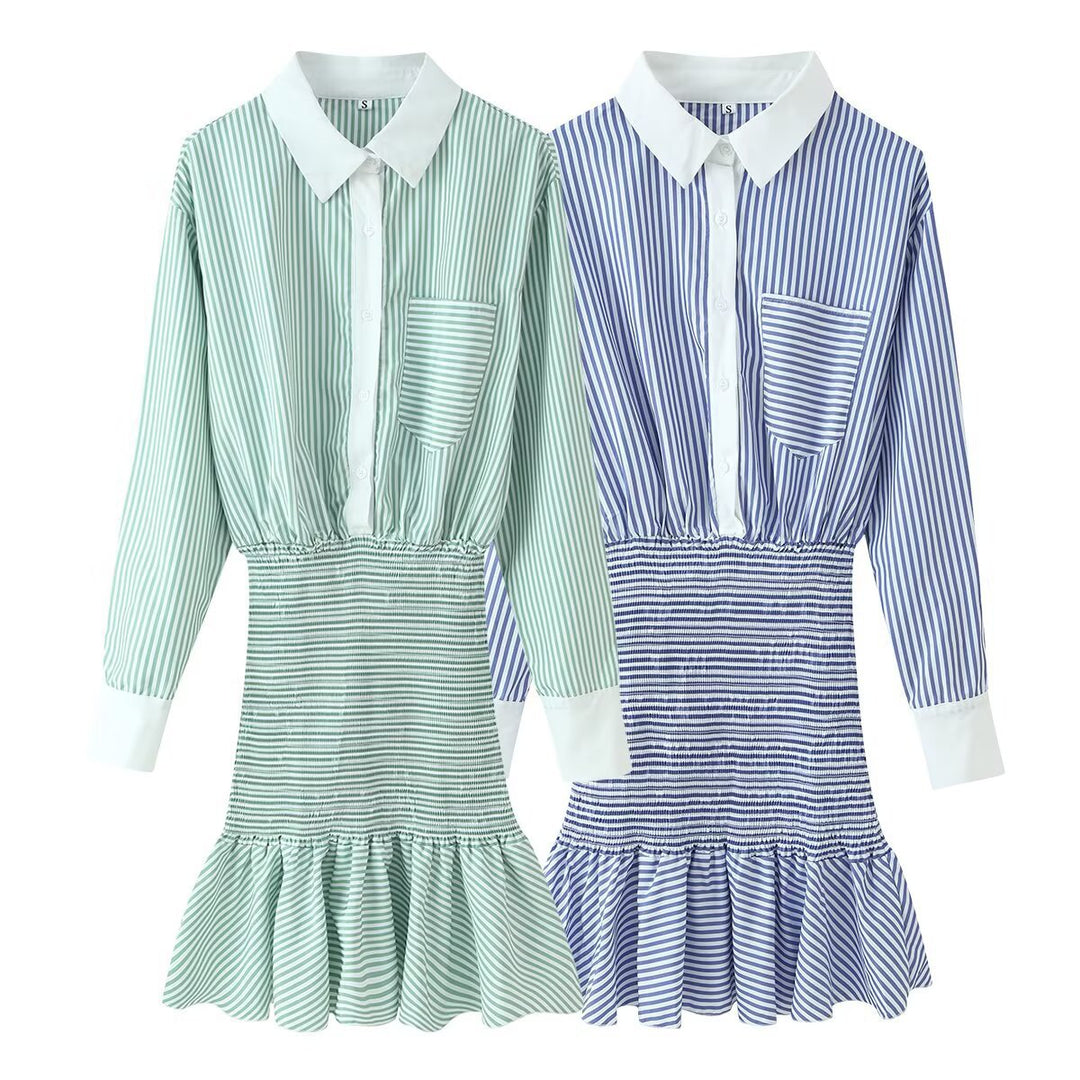 Damen Hemdblusenkleid mit gerafftem Taillenbund und Volant Drune