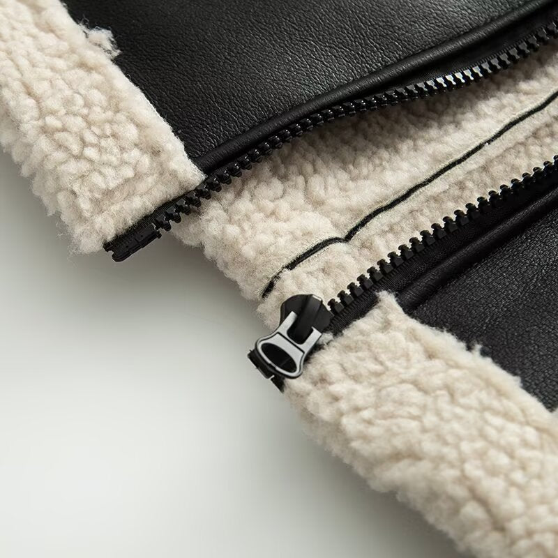 Damen Kunstlederjacke mit warmem Teddyfutter Drune