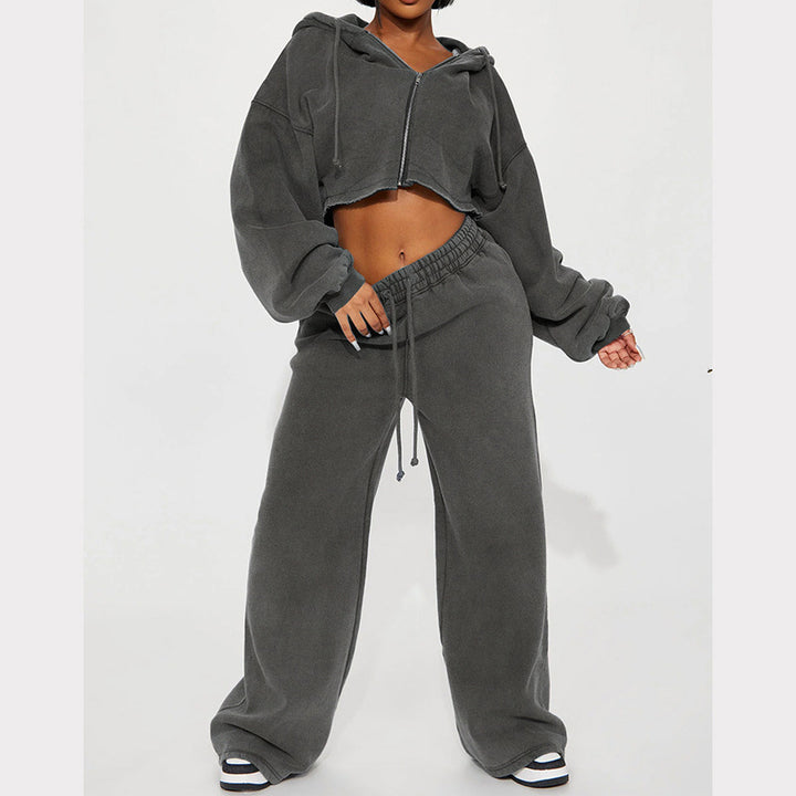 Damen Lässiges Fleece-Kapuzenoberteil mit weitem Schnitt und entspannter Hose Set Drune