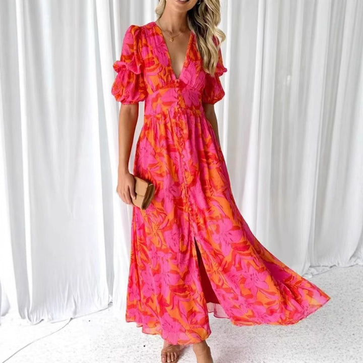 Damen Maxikleid mit floralem Design, tiefem V-Ausschnitt und seitlichem Schlitz Drune