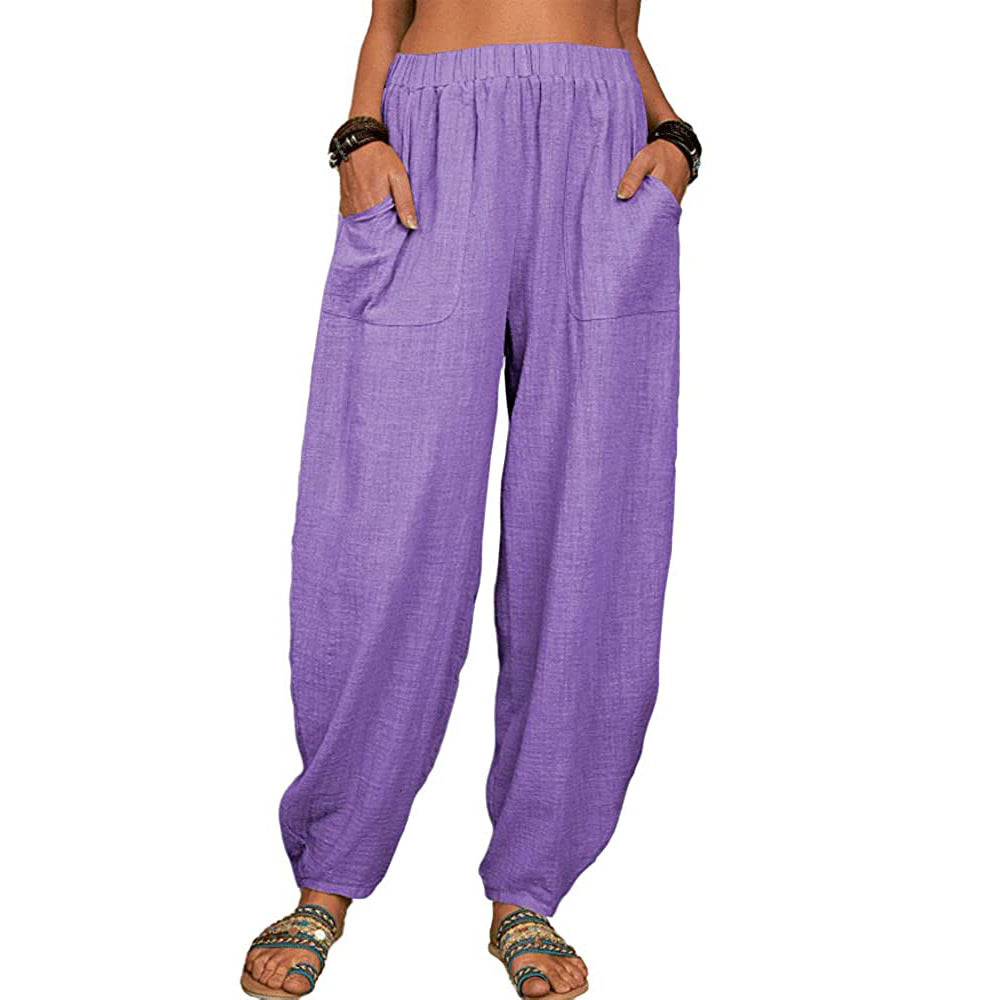 Damen nan lockere Leinenhose mit weitem Bein elastischem Bund und großen aufgesetzten Taschen Drune