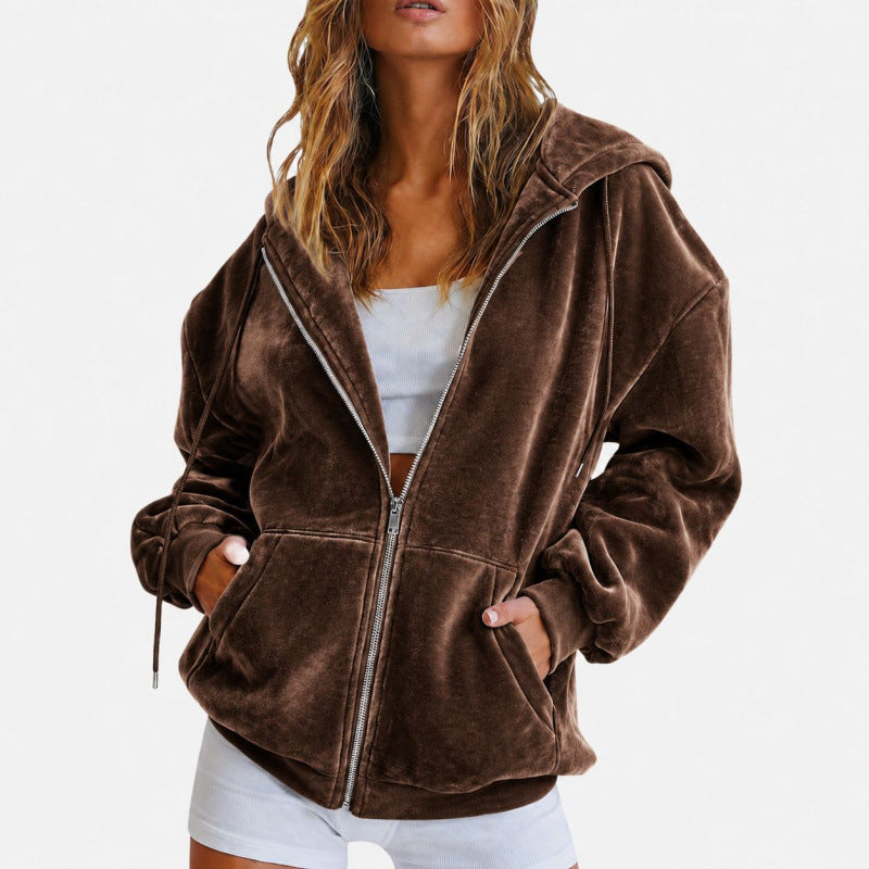Damen Oversize Velours-Kapuzenjacke mit Reißverschluss Drune