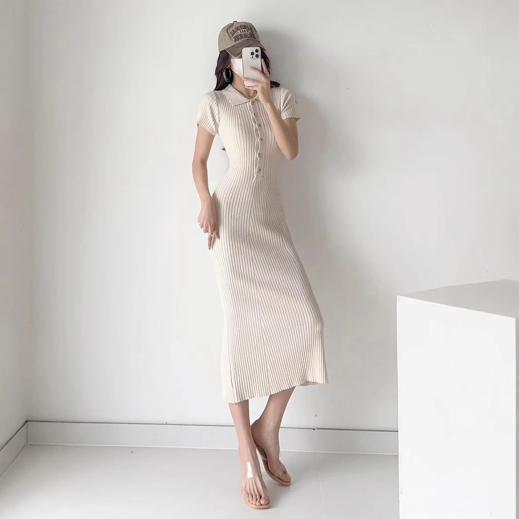 Damen figurbetontes Knielanges Strickkleid mit Polokragen und Knopfleiste Drune