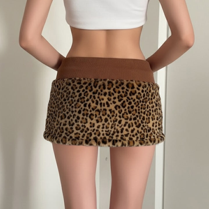 Damen trendiger Kuschelrock mit Leopardendruck und elastischem Bund Drune