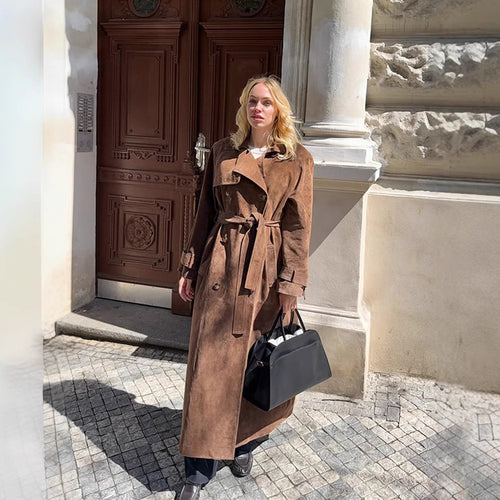 Damen Maxilanger Veloursleder‑Trenchcoat mit Bindegürtel Drune