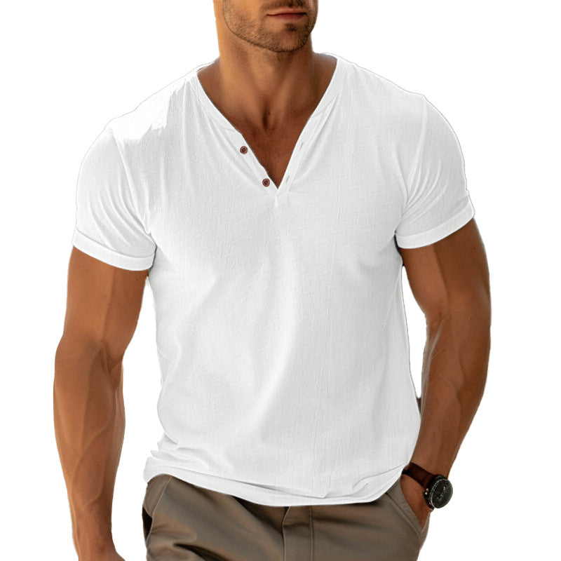 Herren nan tailliertes Henley-T-Shirt mit V-Ausschnitt kurzer Knopfleiste und krempelbaren Ärmeln Drune