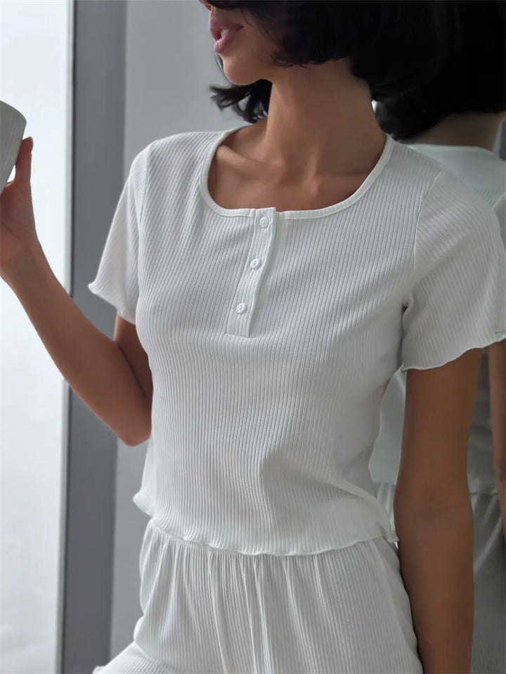 Damen Pyjama-Set mit elastischem Taillenschnitt und Knopfdetails