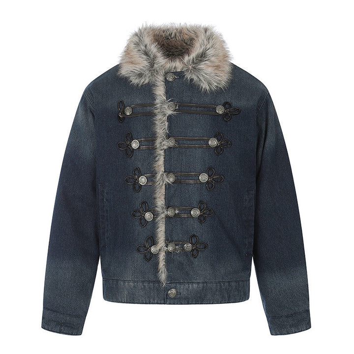 Damen Jeansjacke mit Kunstfellkragen und militärischen Zierknöpfen Drune