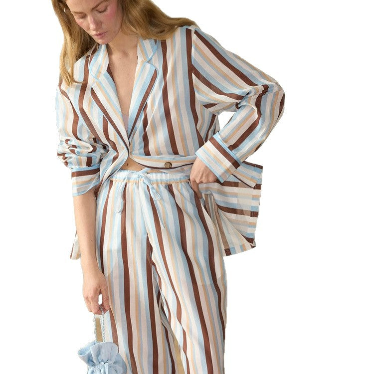 Damen Gestreiftes leichtes Loungewear-Set aus Viskose mit verkürztem Hemd & weiter Kordelhose Drune
