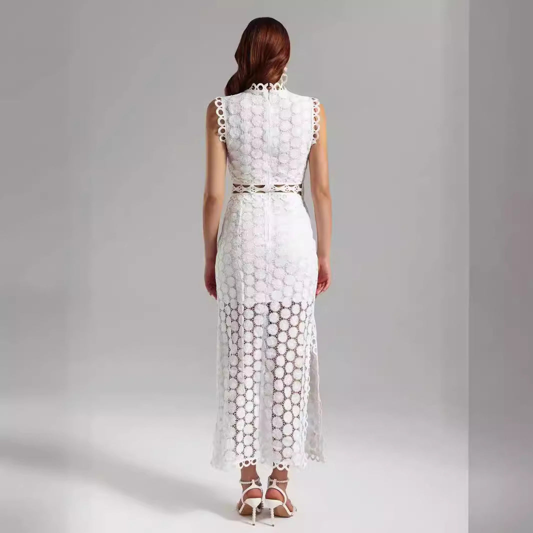 Damen Elegantes Spitzen-Maxikleid mit transparenten Einsätzen und dekorativen Rüschendetails Drune