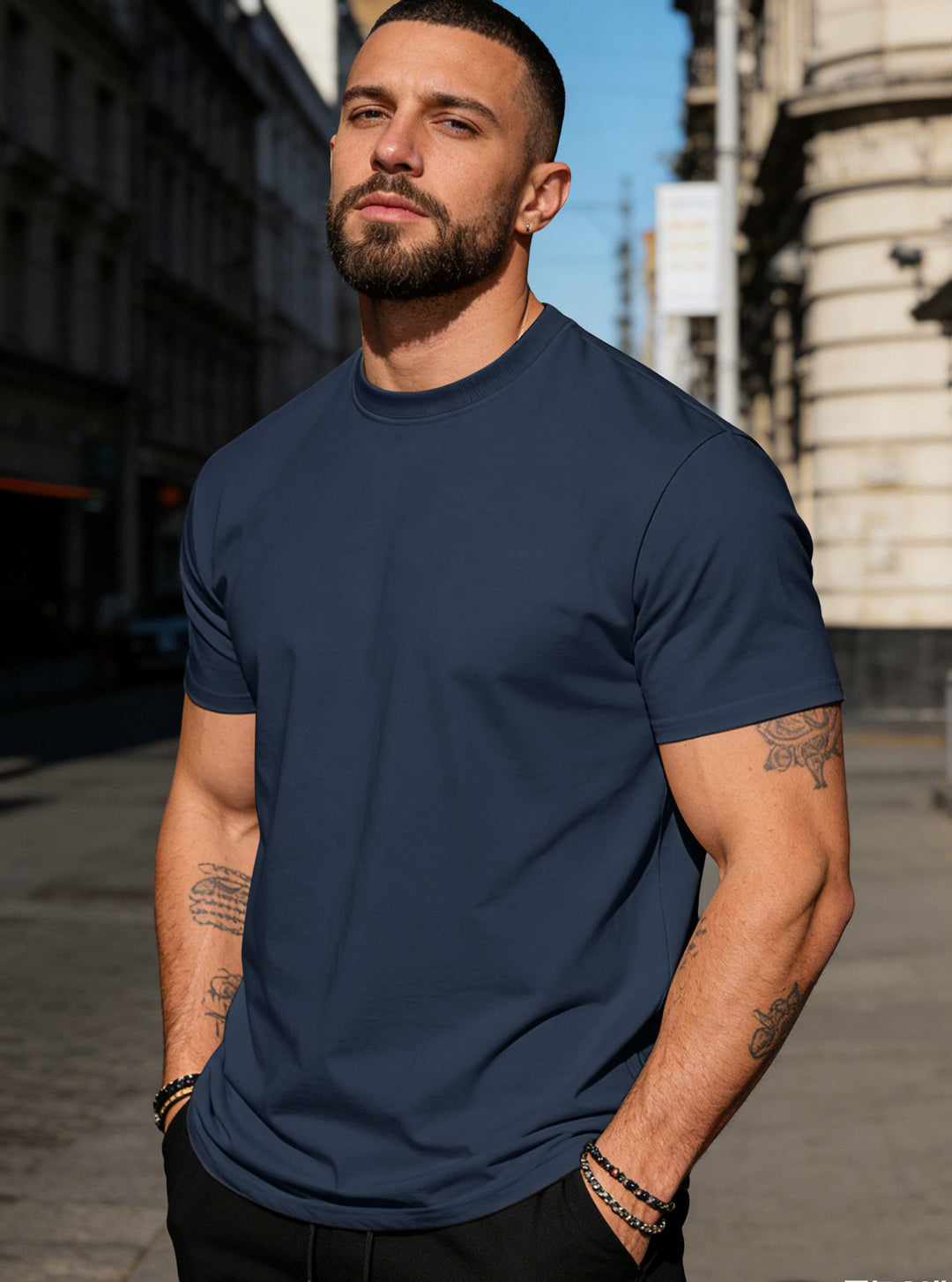 Herren nan körperbetontes hochwertiges Baumwollshirt mit Rundhalsausschnitt Drune