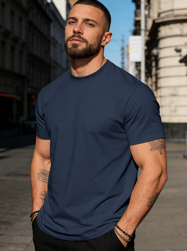 Herren nan körperbetontes hochwertiges Baumwollshirt mit Rundhalsausschnitt Drune