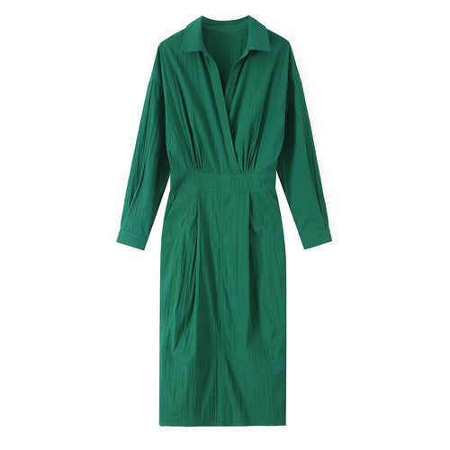 Damen Hemdblusen-Midikleid mit V-Ausschnitt, elastischer Taille und aufgesetzten Taschen Drune