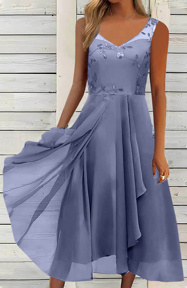 Damen nan A-Linien-Chiffonkleid mit floralem Stickoberteil, V-Ausschnitt, drapiertem Godet-Schwung und verdeckten Seitentaschen Drune