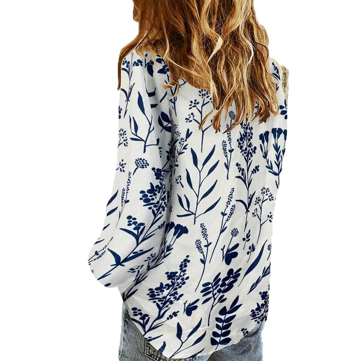 Damen nan lockere Leinenoptik-Bluse mit V-Ausschnitt botanischem Alloverprint und Dreiviertelärmeln Drune