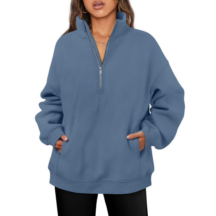 Damen nan oversized Halbzip-Pullover mit Stehkragen, Kängurutasche und Rippbündchen Drune