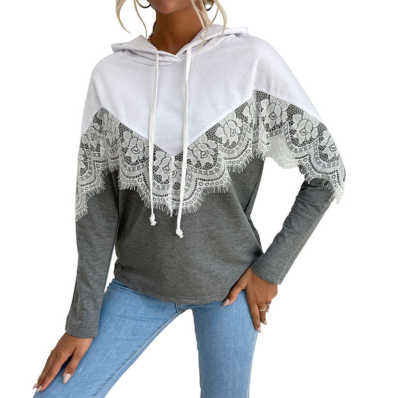 Damen Kapuzenpullover mit Spitzenbesatz und V‑Einsatz Drune
