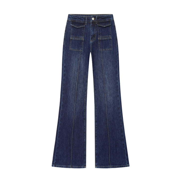 Damen nan weite Highwaist Denim Cargohose mit zentraler Teilungsnaht und aufgesetzten Fronttaschen Drune