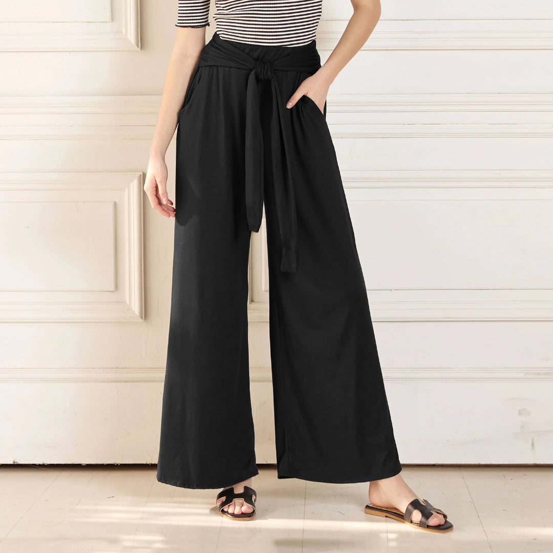 Damen Hochtaillierte Weite Palazzo-Hose mit Selbstbindendem Taillenbund und Seitentaschen Drune