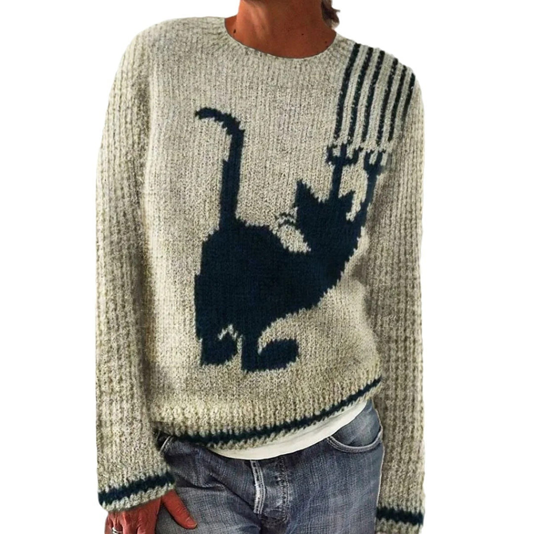 Damen Kuscheliger Pullover mit Fuchs-Motiv und gestreiften Ärmeln Drune
