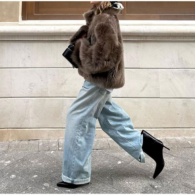 Damen Kuschelige Kunstfelljacke mit voluminösem Kragen Drune