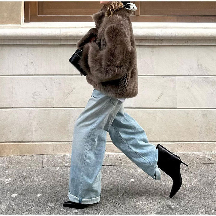Damen Kuschelige Kunstfelljacke mit voluminösem Kragen Drune