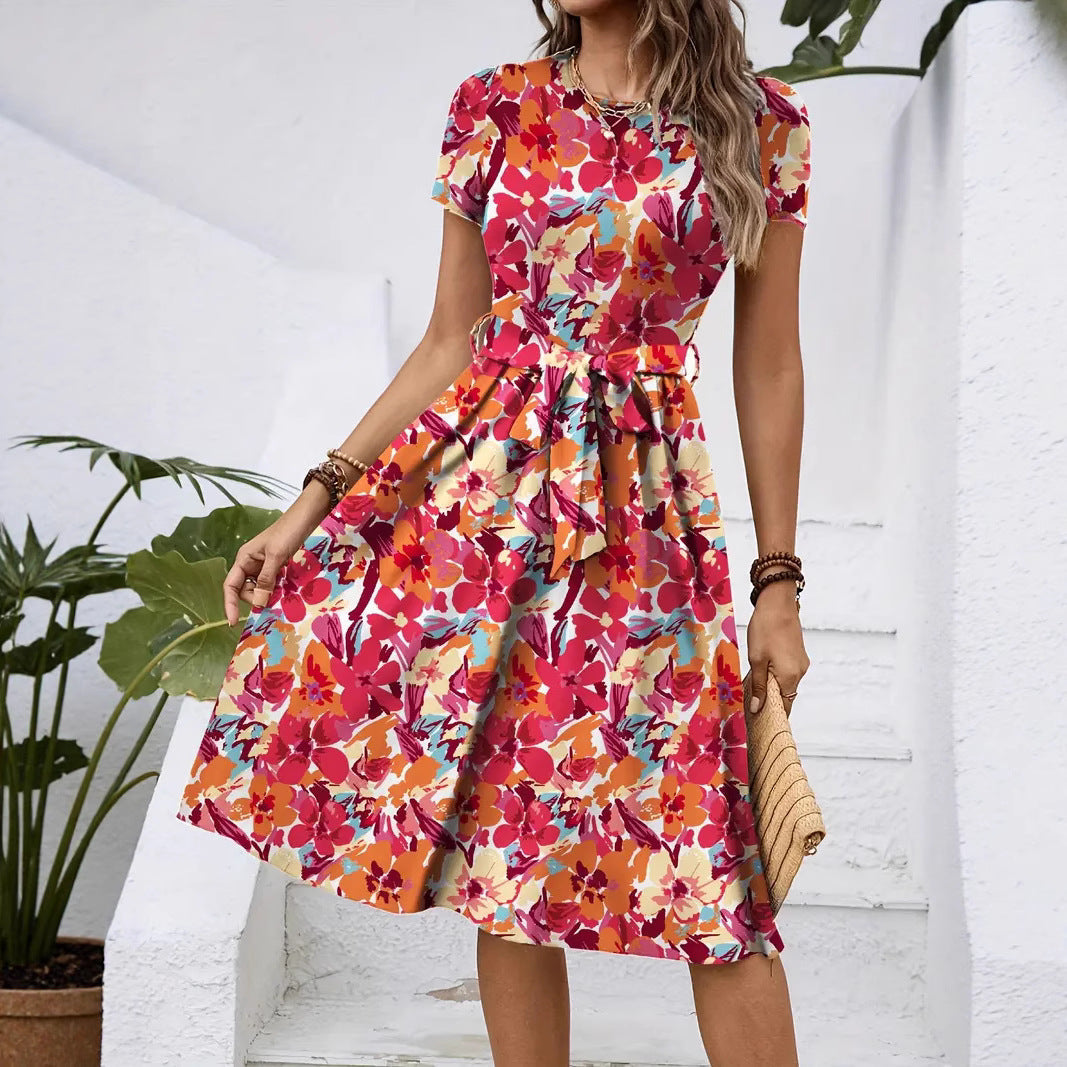 Damen Elegantes Midikleid mit floralem Design und Taillengürtel Drune