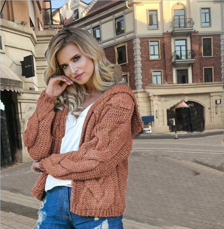Damen Grobstrickjacke mit Kapuze und elegantem Zopfmuster Drune
