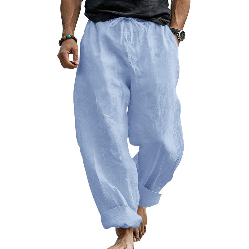 Herren Locker geschnittene Leinen-Loungehose mit Kordelzug, Umschlagsaum und Taschen Drune