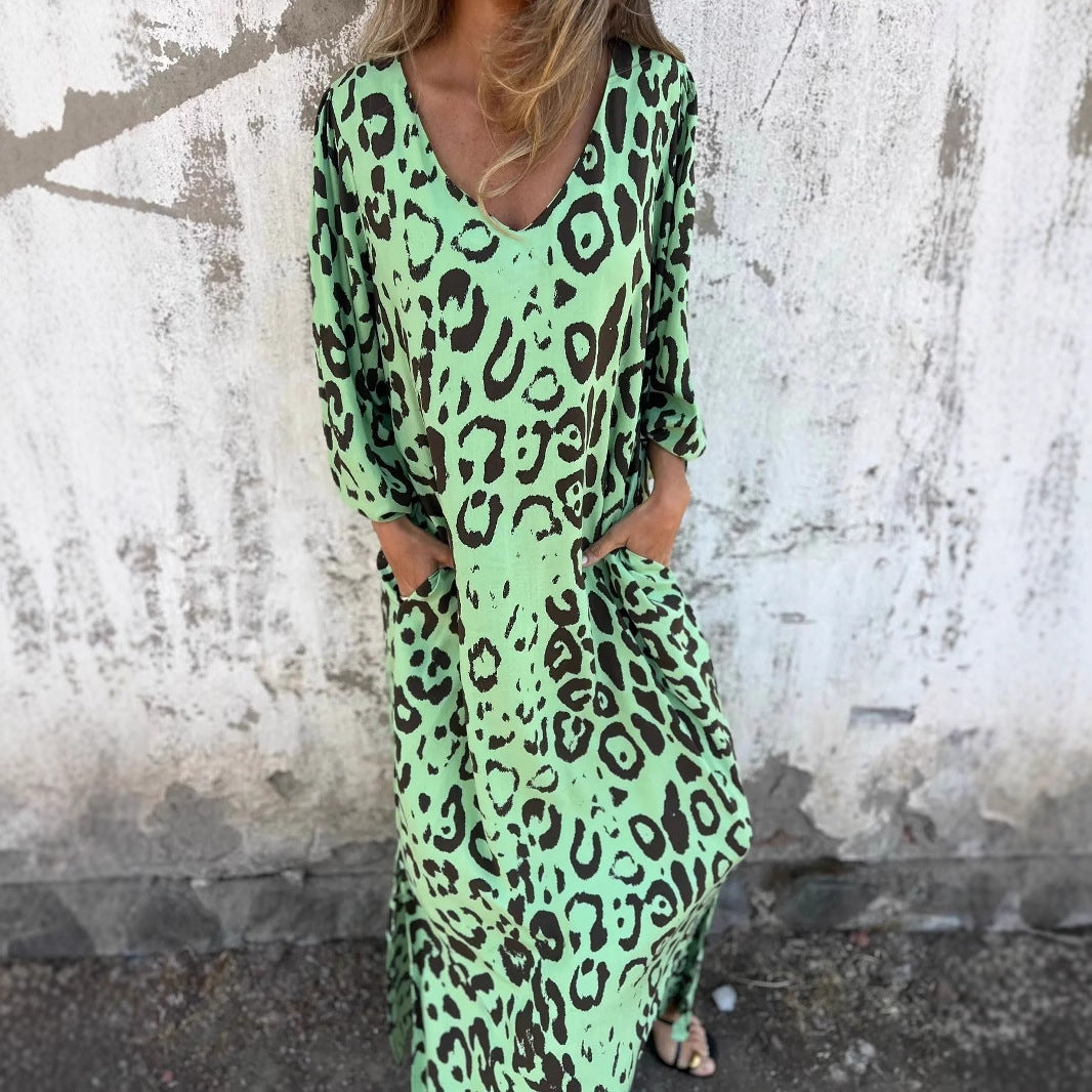 Damen Maxikleid mit exklusivem Leopardenmuster und praktischen Seitentaschen Drune