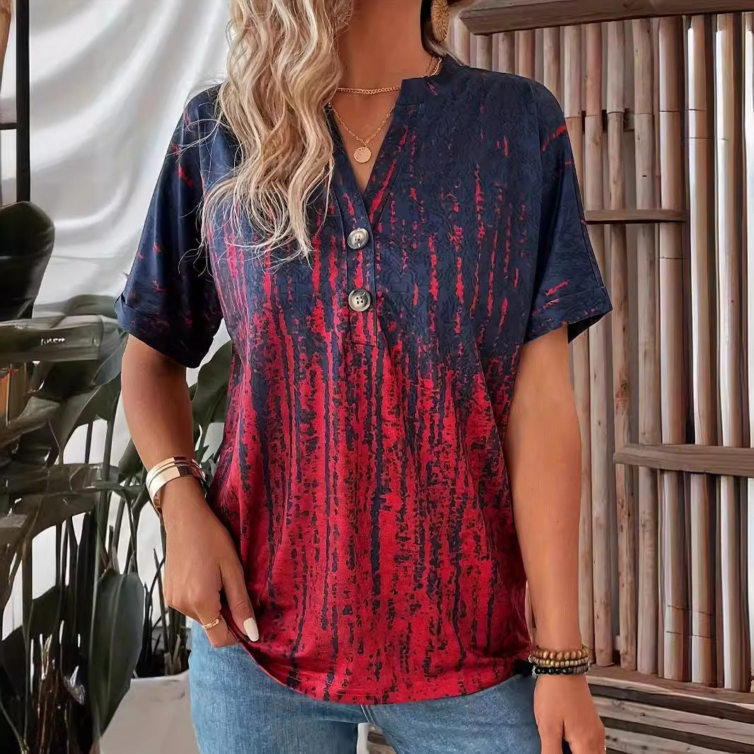 Damen Kurzarm-Bluse mit stylischem Knopf-Design und modischem Farbverlauf Drune