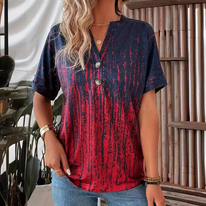 Damen Kurzarm-Bluse mit stylischem Knopf-Design und modischem Farbverlauf Drune