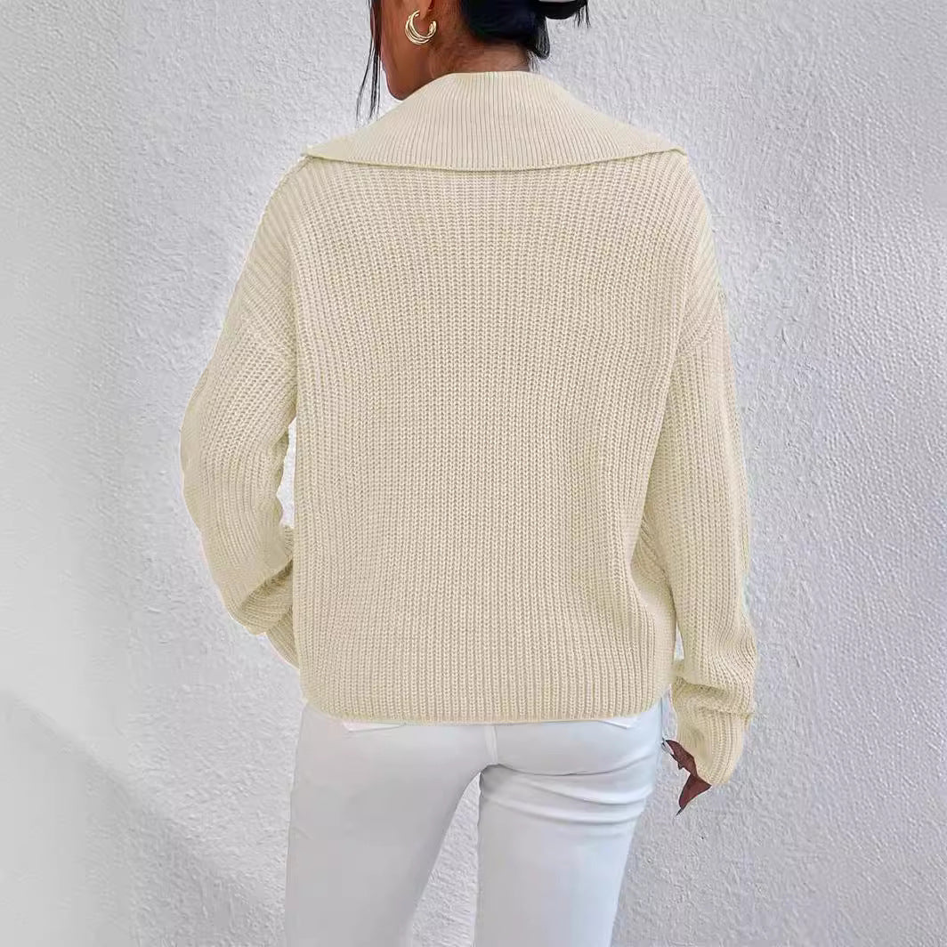 Damen eleganter und lässiger Strickpullover mit Kragen und Knopfleiste Drune