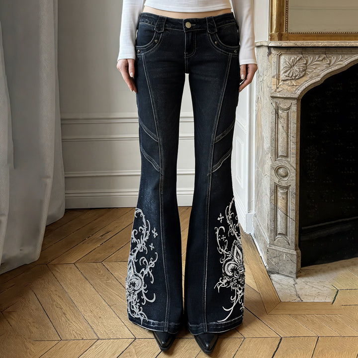 Damen Schlagjeans mit hoher Taille, dekorativer Seitenstickerei und ausgestelltem Bootcut Drune