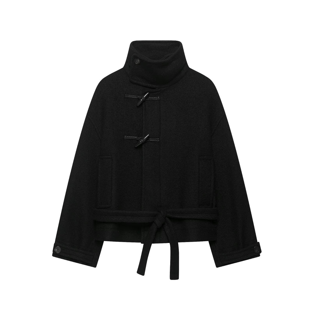 Damen Boxy-Capejacke in Wolloptik mit hoher Kragenblende und Knebelverschlüssen Drune