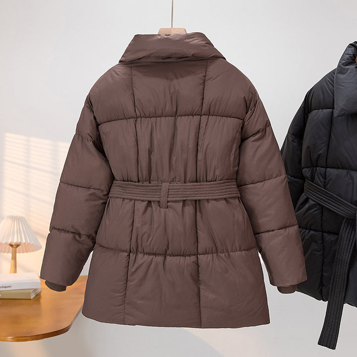 Damen Gekachelte Pufferjacke mit Taillengürtel und breitem Stehkragen Drune