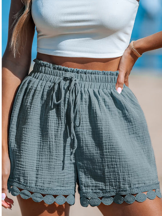 Damen lockere Short mit elastischem Bund und dekorativem Häkelabschluss Drune