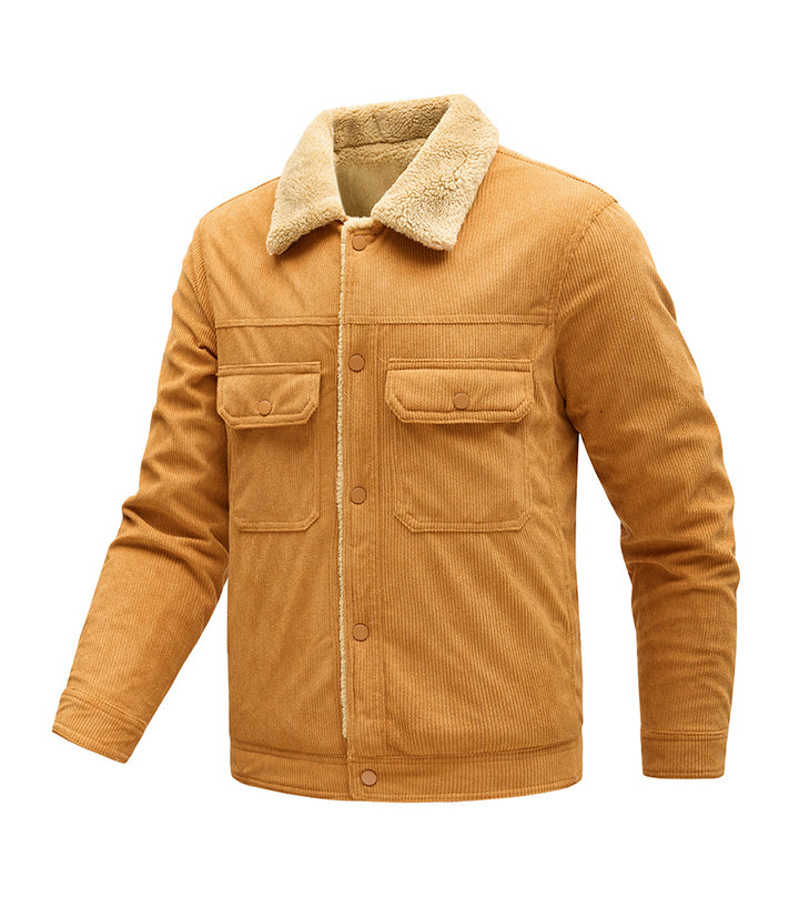 Herren Kordjacke mit Teddyfutter, Kunstfellkragen und Druckknopftaschen Drune