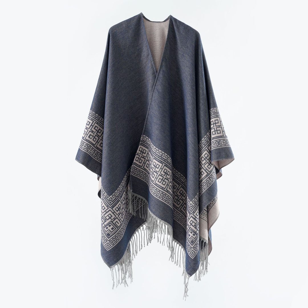 Damen Reversibler Wollmix‑Überwurf im Kimono‑Fall mit ornamentaler Bordüre und Zierfransen Drune