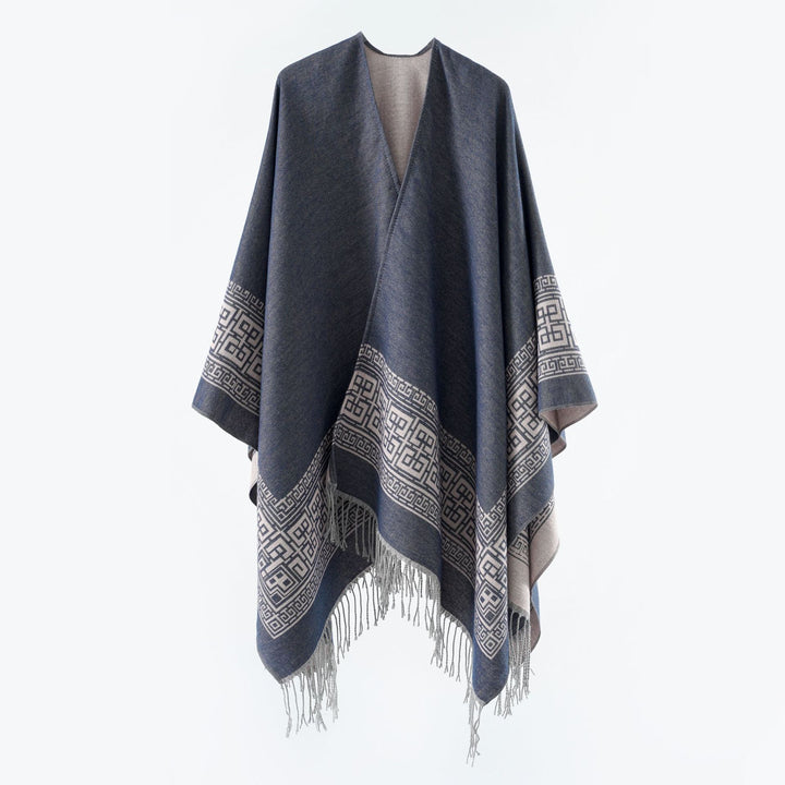 Damen Reversibler Wollmix‑Überwurf im Kimono‑Fall mit ornamentaler Bordüre und Zierfransen Drune