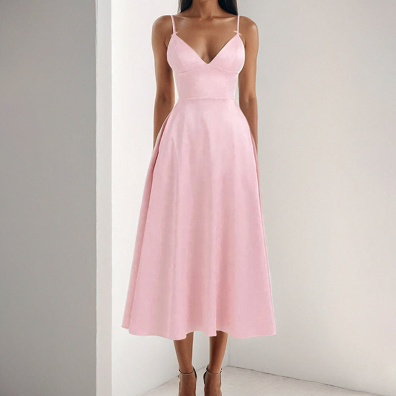 Damen Elegantes Maxikleid mit V-Ausschnitt und fließendem Rock Drune