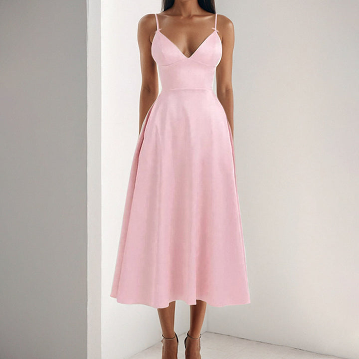 Damen Elegantes Maxikleid mit V-Ausschnitt und fließendem Rock Drune
