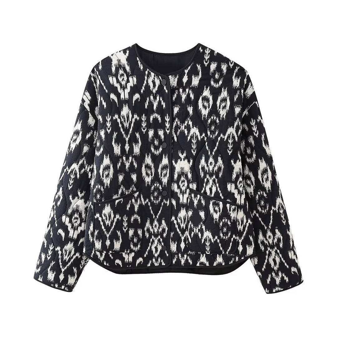 Damen nan gesteppte Ikat-Print Steppjacke mit Rundhalsausschnitt, kontrastpaspel und aufgesetzten Taschen Drune