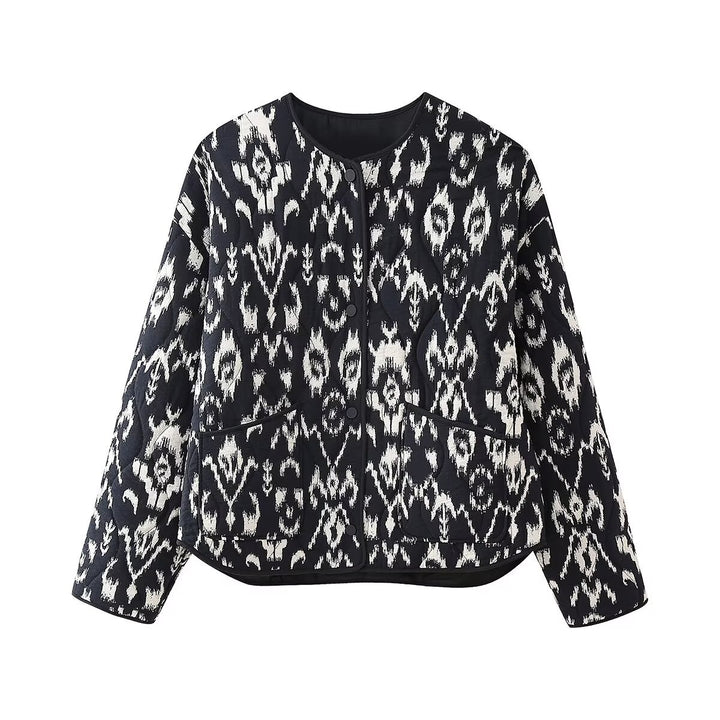 Damen nan gesteppte Ikat-Print Steppjacke mit Rundhalsausschnitt, kontrastpaspel und aufgesetzten Taschen Drune