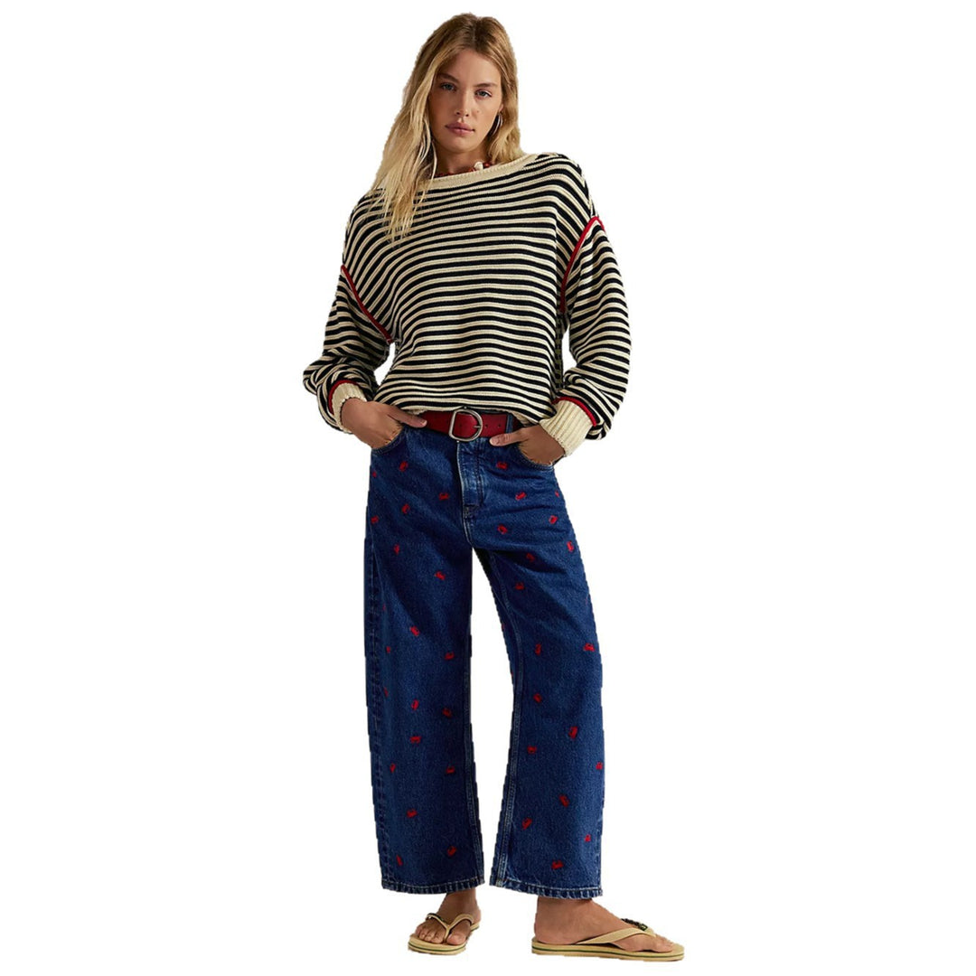 Damen Oversize Ringelstrickpullover mit weitem Schnitt, Bündchen & kontrastierenden Paspeln Drune