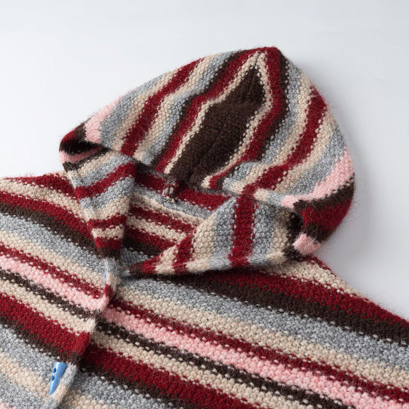 Damen Gestreifter Kapuzen-Cardigan aus flauschigem Mohair-Mix mit Dreiecksknöpfen Drune