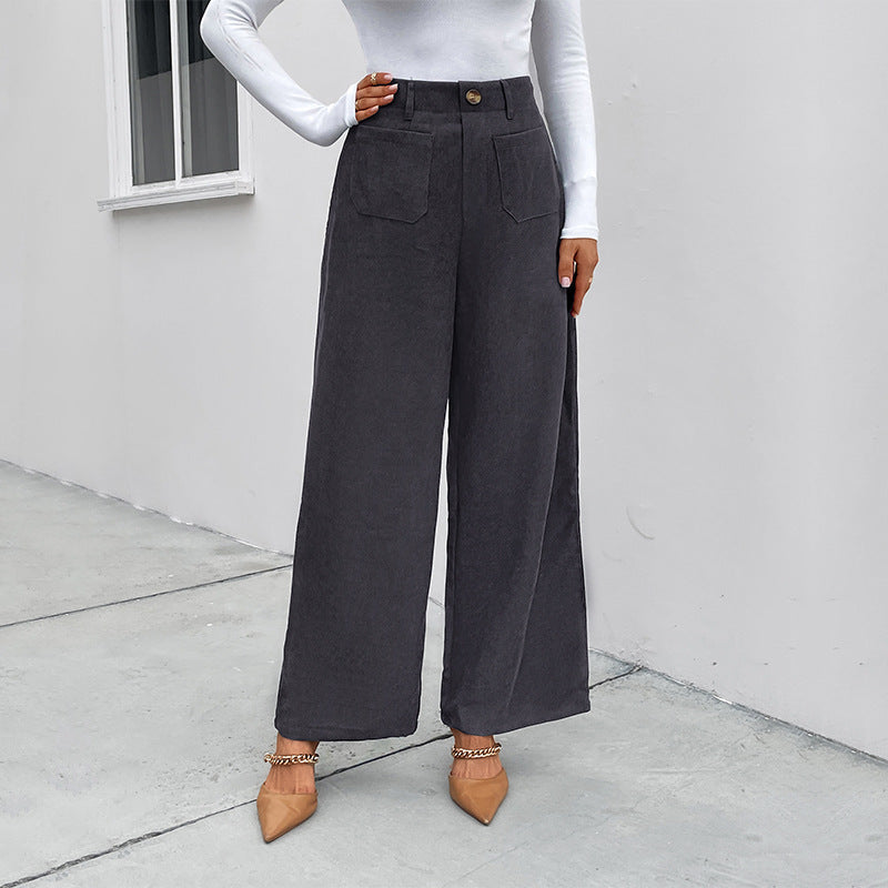 Damen Weite Cordhose mit hoher Taille, aufgesetzten Taschen und weitem Bein Drune