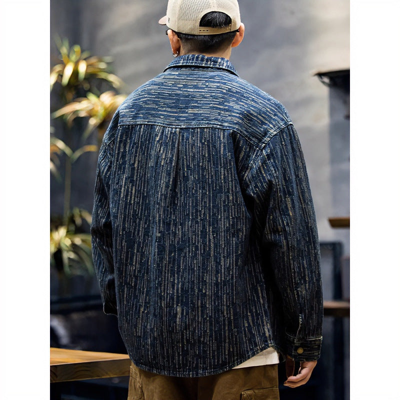 Herren Denim-Overshirt mit vertikaler Strukturprägung und Druckknopfleiste Drune